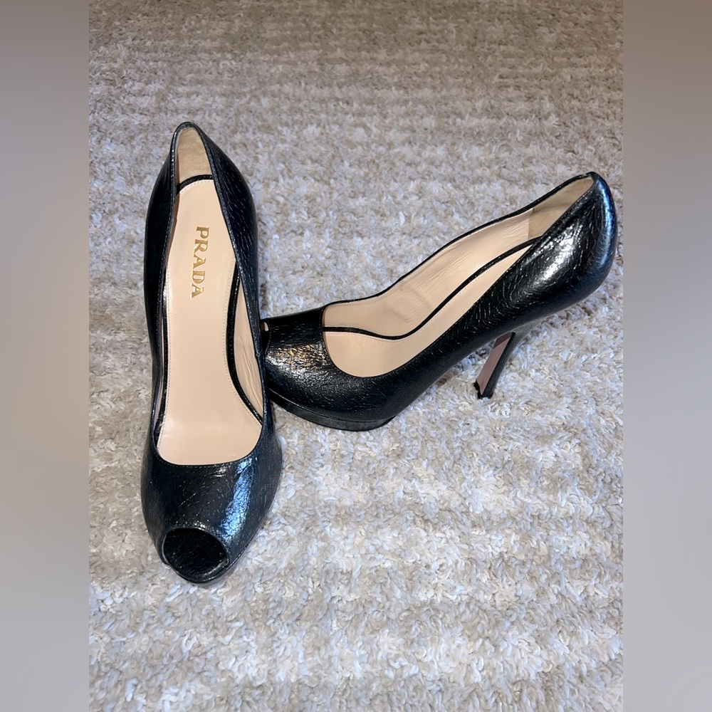 Prada Black Patent Leather Croc Peep Toe Platform